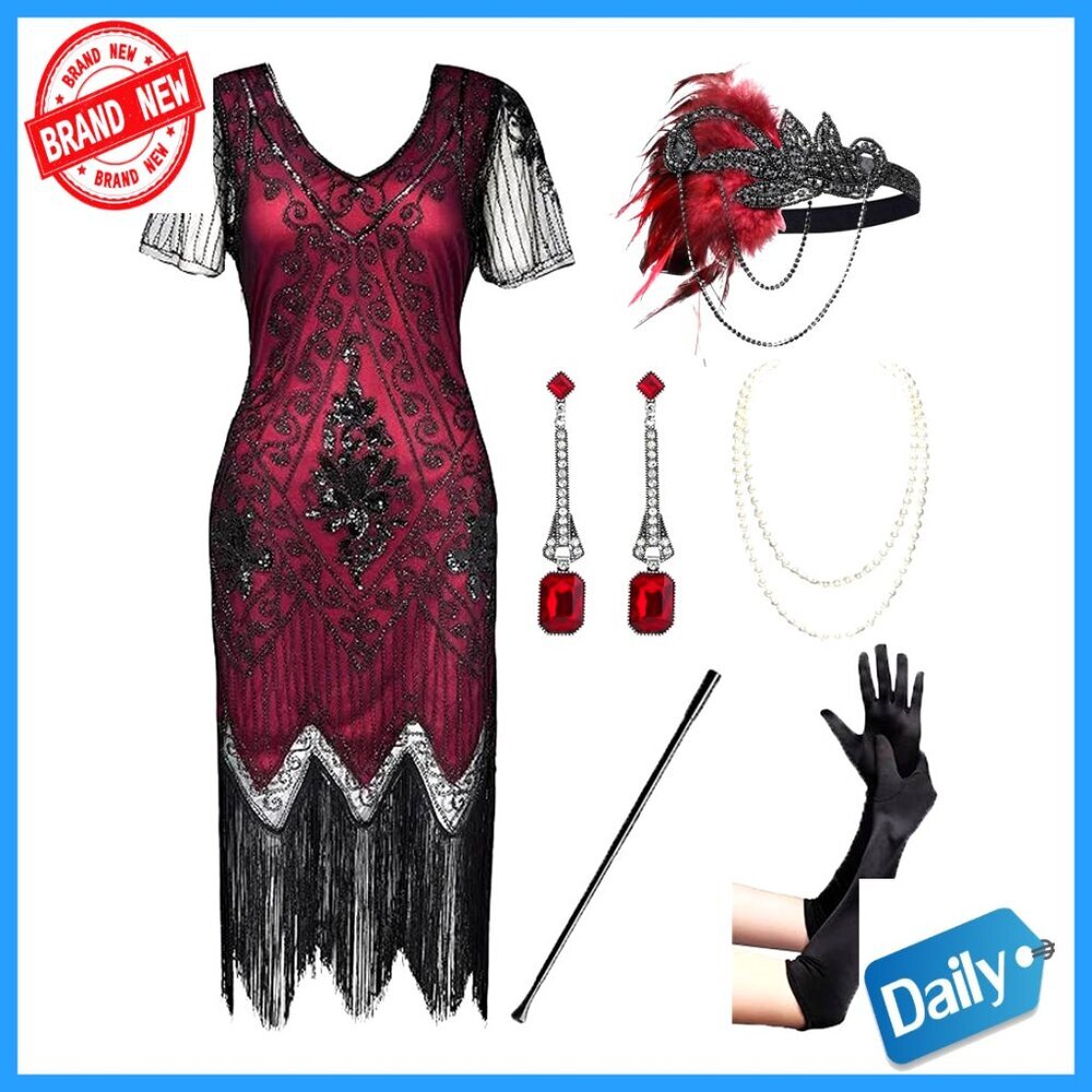Plus Size Sequin Fringed Flapper Dress with Accessories, 1920s Gatsby Style